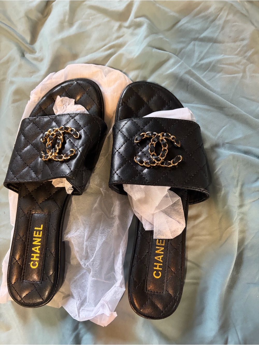 Designer looking, Black Quilted Leather Slide Mules with Gold CC Chain